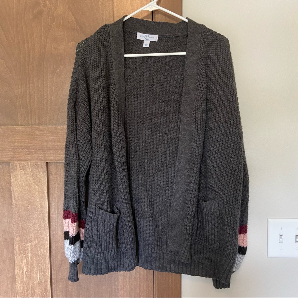 Boutique Plus Chunky Open Front Colorblock Balloon Sleeve Cardigan  1X
